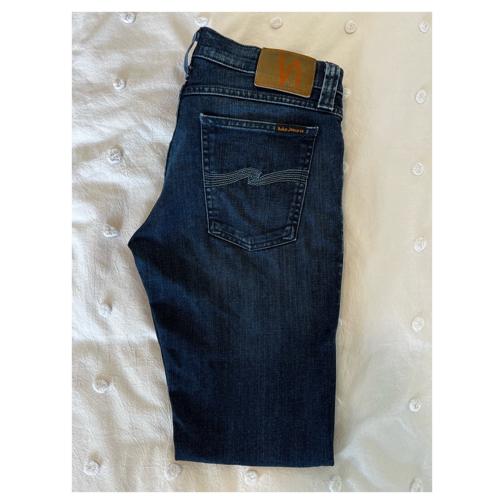 Nudie Jeans Co
Waist: 29 Lenght: 32 (hemmed) - VERY GOOD CONDITION - Navy Blue